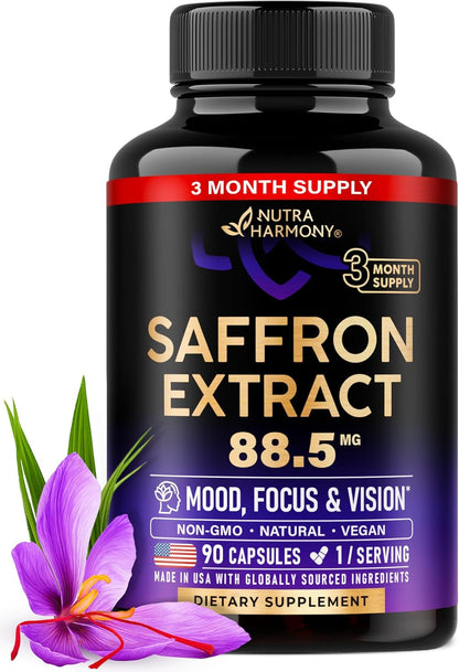 NUTRAHARMONY Pure Saffron Extract 88.5 mg – Mood, Focus & Eye Health Supplement – 90 Capsules