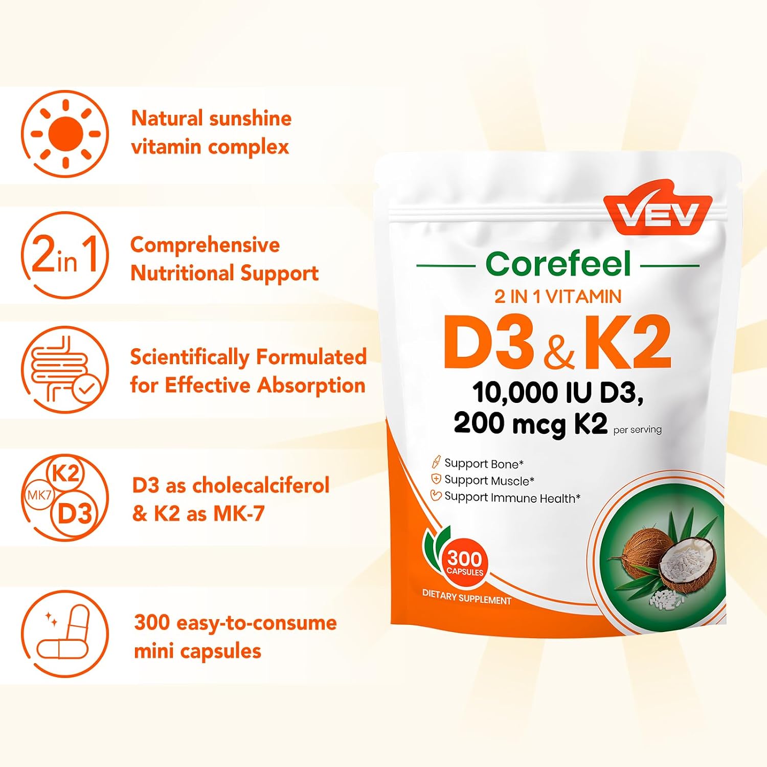 VEV Corefeel Vitamin D3 K2, 10,000 IU D3, 200mcg K2 (MK-7) – 300 Capsules - görsel 3