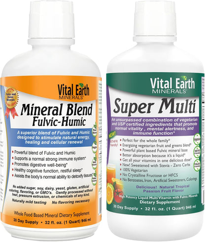 Vital Earth Minerals Detox & Wellness Support – Fulvic Humic Blend with over 70 Trace Minerals & Liquid Multivitamin, 946 ml Each