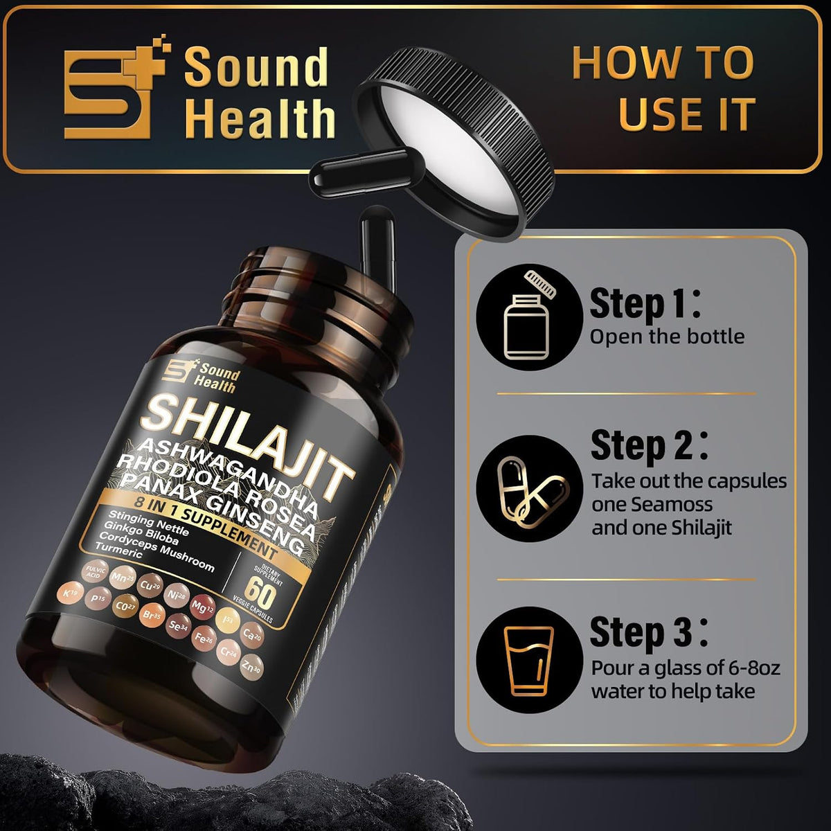 SoundHealth Shilajit Capsules - 60 Capsules, Easy to Swallow, Gluten-free, Non-GMO - görsel 4