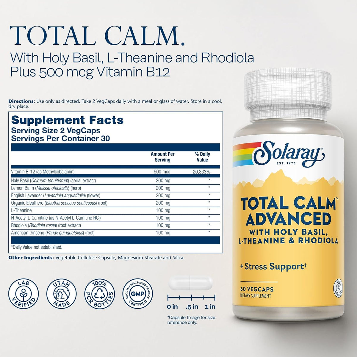 SOLARAY Total Calm Advanced - Nervous System & Cellular Energy Support with Holy Basil, L-Theanine, Rhodiola Rosea, and Vitamin B12 - görsel 2