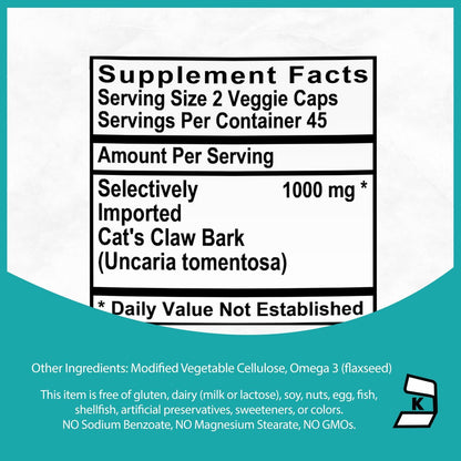 Cat's Claw Herbal Supplement Kosher Capsules - 500mg Peruvian Uncaria Tomentosa