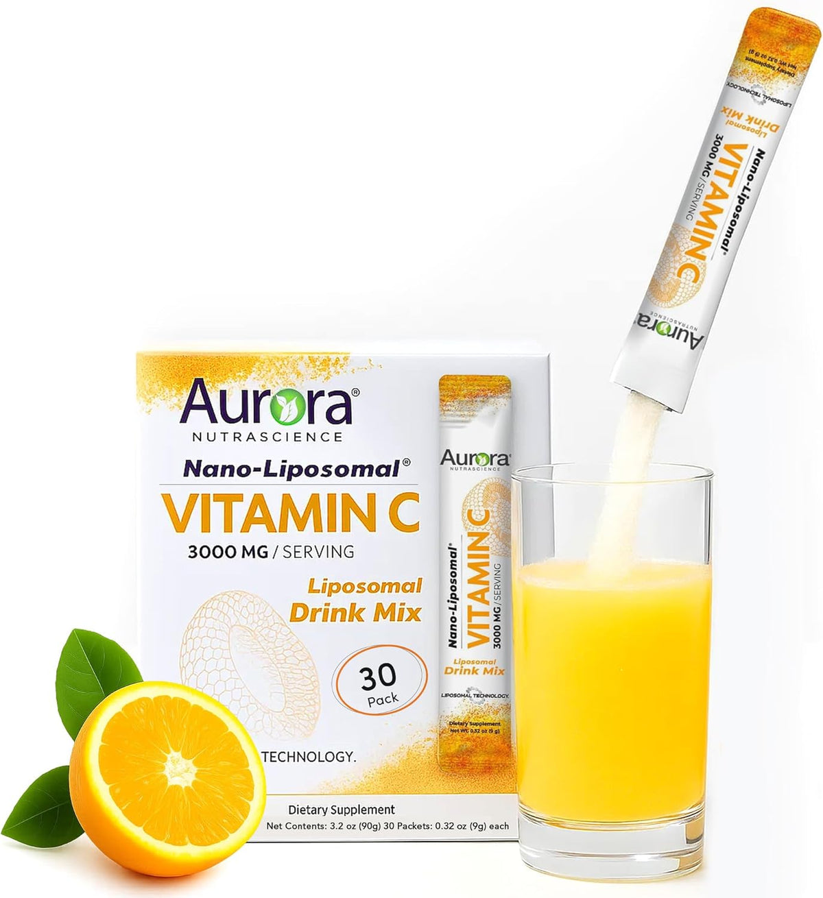 Aurora Nutrascience Nano-Pack Liposomal Vitamin C Powder Drink Mix - 3000 mg, Orange, 30 Sachets - görsel 1