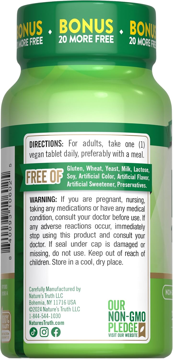 Nature's Truth Vitamin B12 Tablets, 1000 mcg, 220 Count - Vegan, Non-GMO & Gluten-free - görsel 7