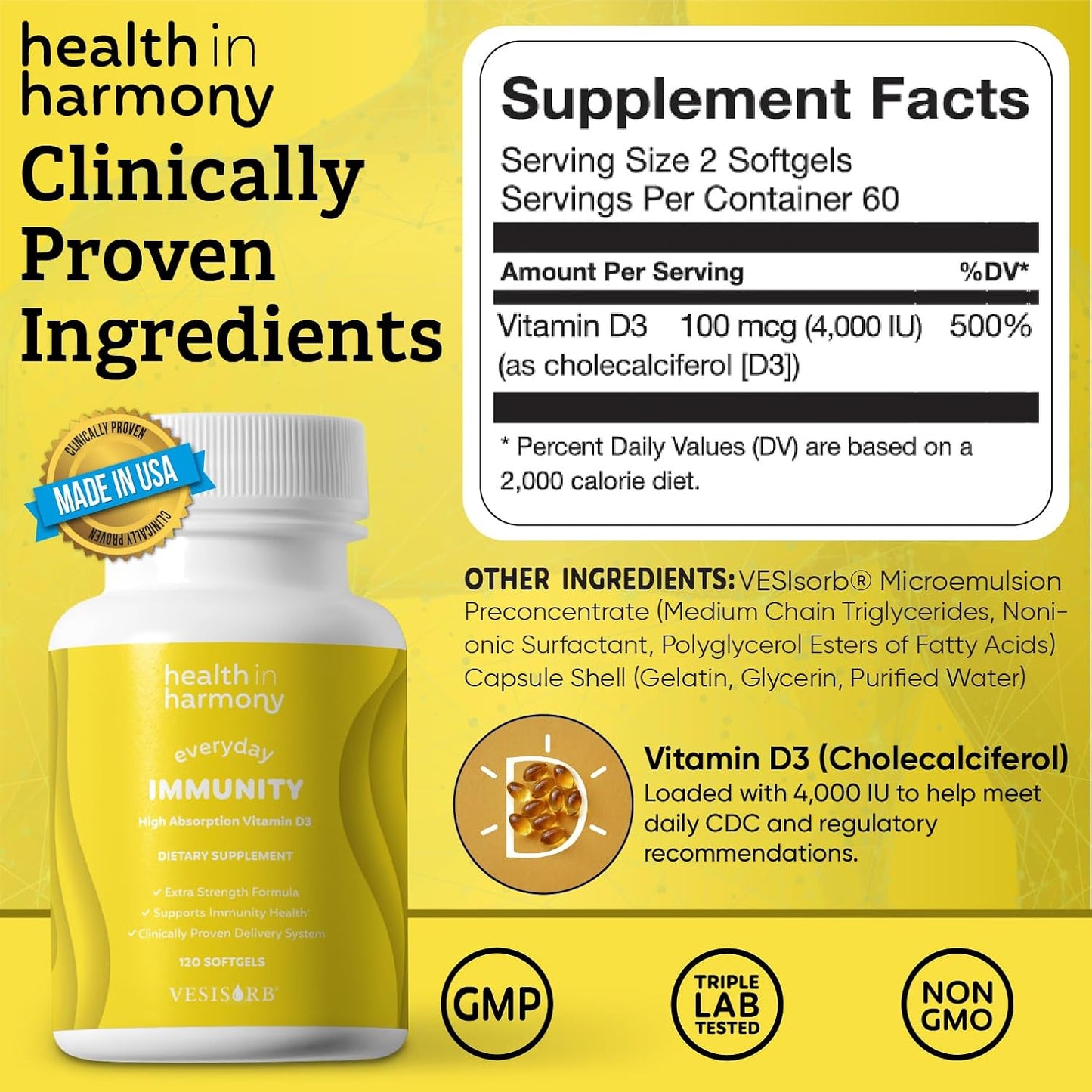 Everyday Immunity 4000 IU Vitamin D3 Supplement - Fast Acting Immune & Bone Support with VESIsorb (60 Softgels, 1-Month Supply) - görsel 5