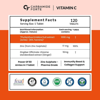 Natural Vitamin C Amla Extract with Zinc - 120 Vegan Tablets