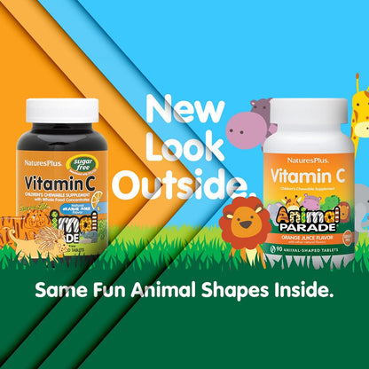 NaturesPlus Animal Parade Sugar-Free Children's Vitamin C, Natural Orange Juice Flavour - 90 Chewable Tablets