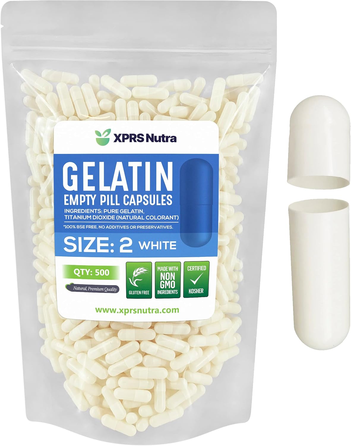 XPRS Nutra Size 2 Empty Gelatine Capsules - 500 Count (White) - görsel 1