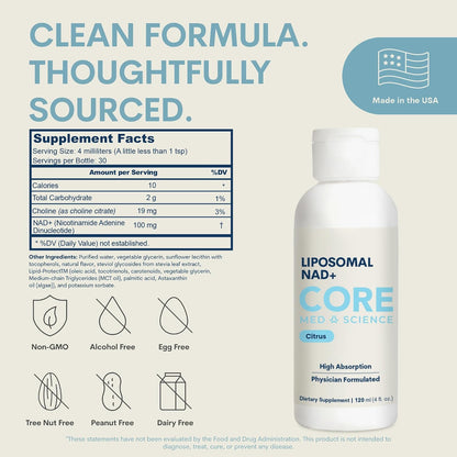 Core Med Science Liposomal NAD+ Supplement – 100 mg, High Absorption, Physician-Developed – 120 ml (30 Servings)