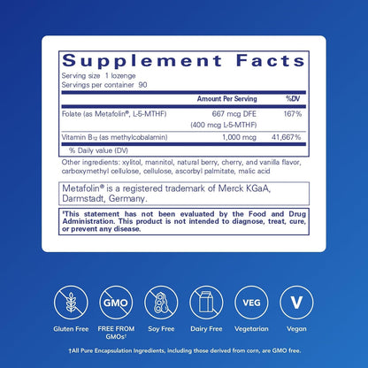 Pure Encapsulations PureMelt B12 Folate - Active B Vitamin with L-5-MTHF - Metabolism Support - 90 Lozenges