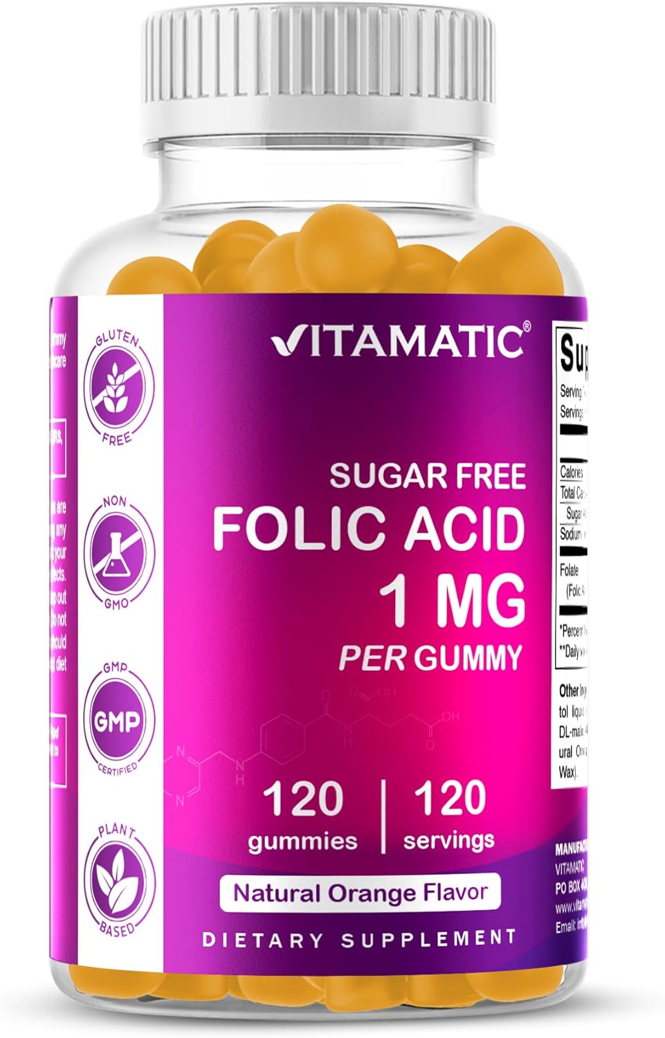 Vitamatic Folic Acid Gummies 1000 mcg (1 mg) – Vitamin B9 (1667 mcg DFE) – Sugar Free – Prenatal & Cellular Health Support – Natural Orange Flavour – Vegan, Non-GM – 120 Gummies - görsel 1