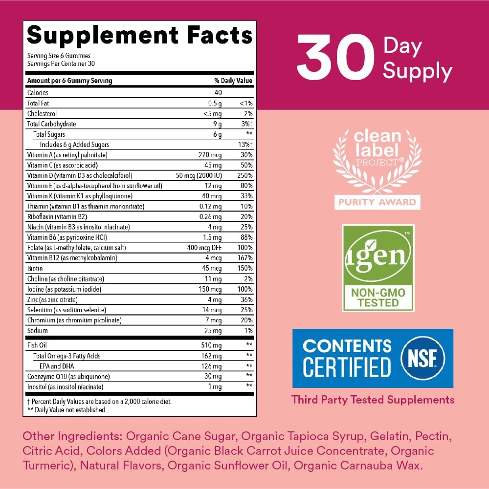 SmartyPants Women's Multivitamin Gummies: Omega 3 Fish Oil (EPA/DHA), Methylfolate, CoQ10, Vitamin D3, C, Vitamin B12, B6, A, K & Zinc, Inositol, Gluten-free, 180 Count (30 Day Supply) - görsel 3