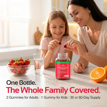 CogniTune Methylfolate Gummies - L-Methylfolate 1000mcg 5-MTHF Folate Supplement for Kids and Adults - Strawberry Chewable Vitamin B9 - Non-GMO Vegan - 60 Gummies