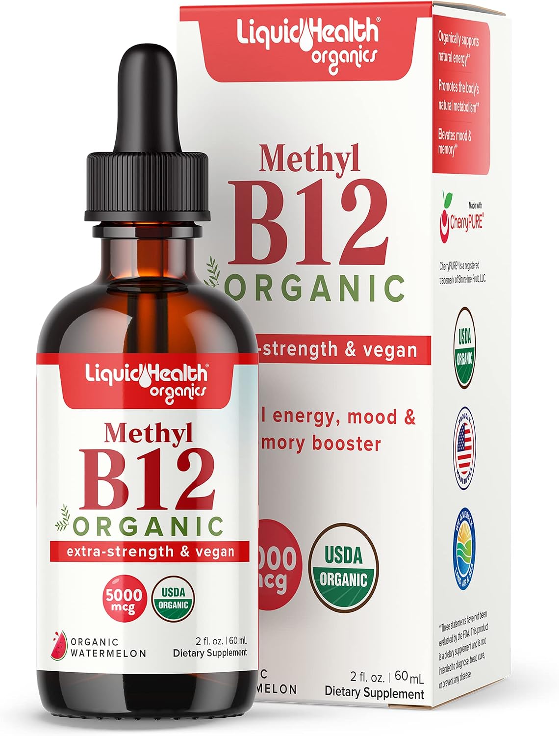 LIQUIDHEALTH Organic Vitamin B12 Liquid Drops – 5000mcg Methylcobalamin, Vegan, Non-GMO, 60 ml - görsel 1