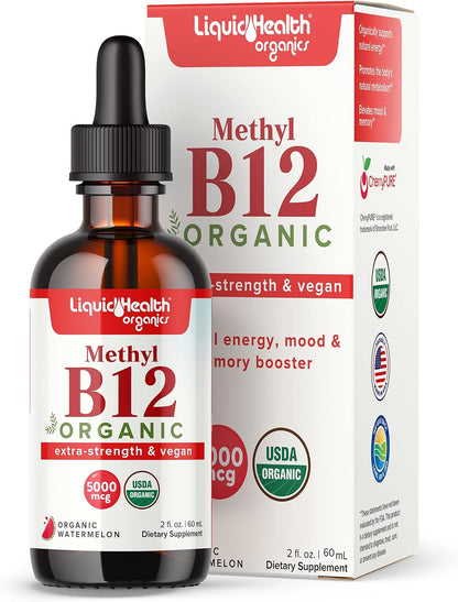 LIQUIDHEALTH Organic Vitamin B12 Liquid Drops – 5000mcg Methylcobalamin, Vegan, Non-GMO, 60 ml