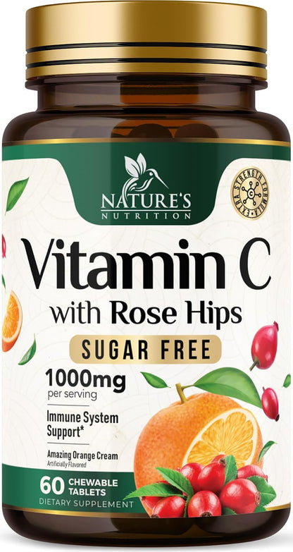 Nature's Nutrition Vitamin C 1000mg Chewable with Rose Hips – Sugar Free – 60 Tablets