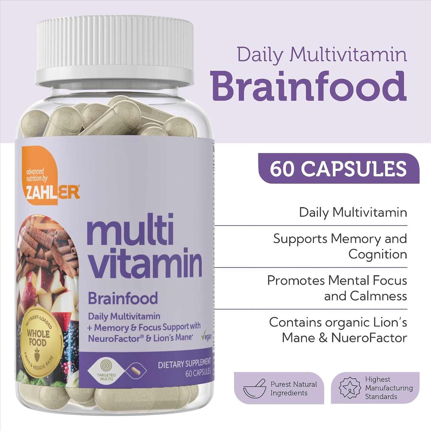 Zahler Brainfood Multivitamin with Lion's Mane and Neurofactor - 60 Capsules - görsel 3