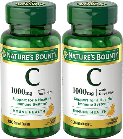 Nature's Bounty Vitamin C + Rose Hips, Immune Support, 1000mg, Coated Caplets, 100 Count (Pack of 2)