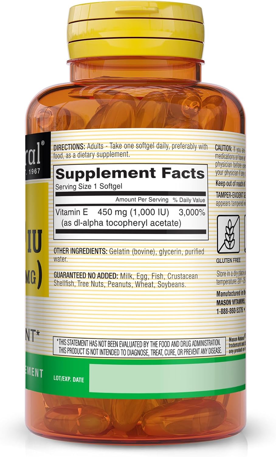 MASON NATURAL Vitamin E, 450 mg (1,000 IU), Daily Dietary Supplement with Essential Nutrient for Overall Wellness, 50 Soft gel capsules (Pack of 1) - görsel 2