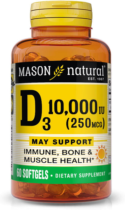 MASON NATURAL Vitamin D3 250 mcg (10,000 IU) – Supports Overall Health, Strengthens Bones and Muscles, from Corn Oil, 60 Softgels