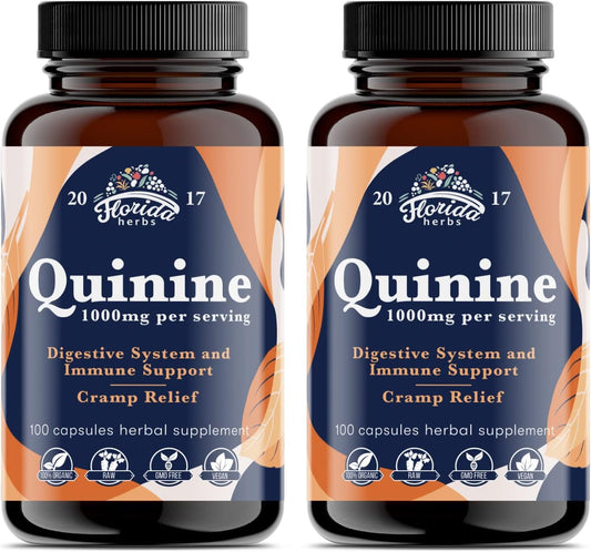 FLORIDA HERBS Leg Cramp Support – Organic Quinine Capsules from Cinchona Bark – 1000 mg (Pack of 2, Total 220 Capsules)
