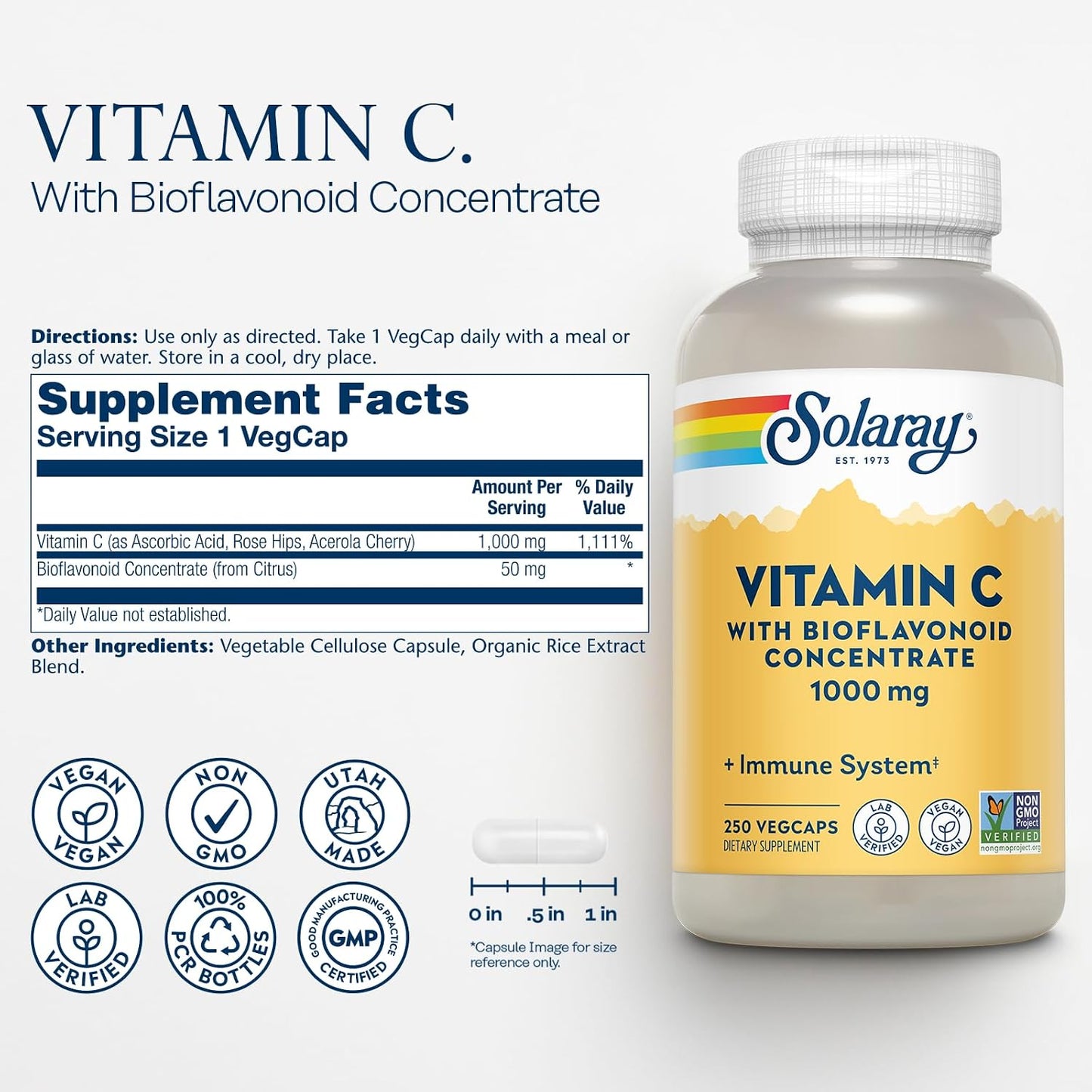 SOLARAY Vitamin C 1000mg with Bioflavonoids Concentrate - Vegan, Non-GMO, 250 Capsules - görsel 2