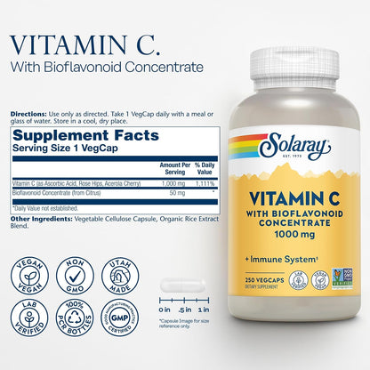 SOLARAY Vitamin C 1000mg with Bioflavonoids Concentrate - Vegan, Non-GMO, 250 Capsules