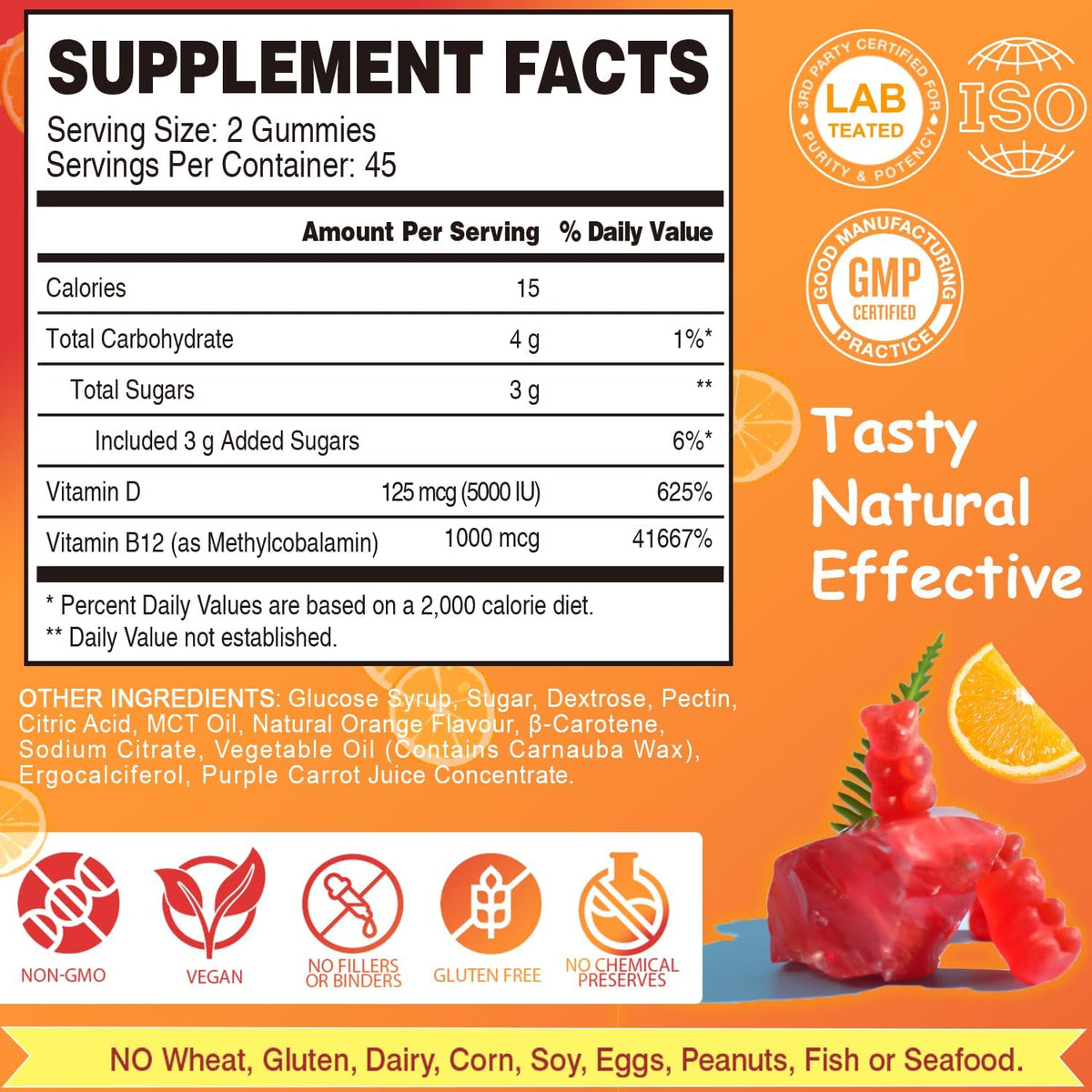 Vegan Vitamin D3 & B12 Gummies, Methyl B12 Supplement for Adults & Children, Enhanced with Vitamin D3 for Natural Energy, Immune Support, Metabolism, and Focus, Orange Flavour, 90 Gummies - görsel 5