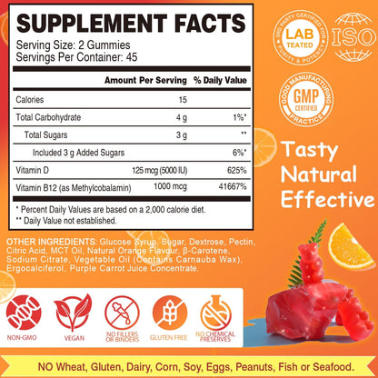Vegan Vitamin D3 & B12 Gummies, Methyl B12 Supplement for Adults & Children, Enhanced with Vitamin D3 for Natural Energy, Immune Support, Metabolism, and Focus, Orange Flavour, 90 Gummies