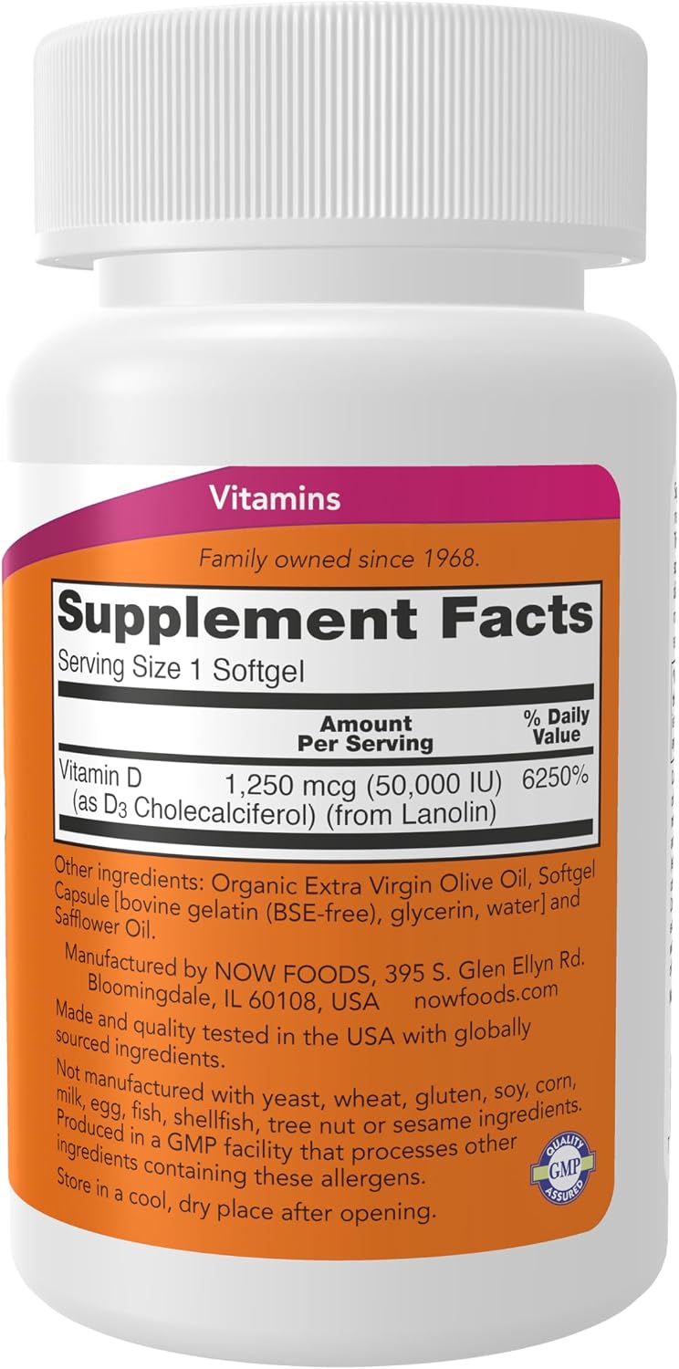 NOW Foods Vitamin D-3 50,000 IU Softgels, 50 Count - görsel 2