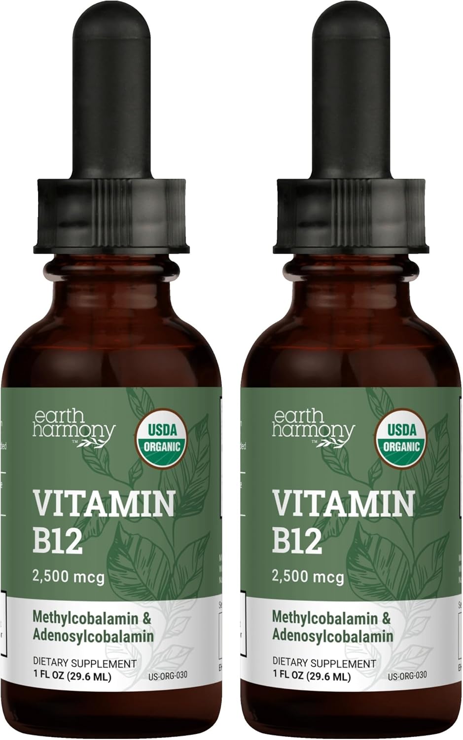 Earth Harmony Naturals USDA Organic Vitamin B12 2000mcg Sublingual Liquid Drops (2-Pack) - Vegan Methylcobalamin for Energy Metabolism Support - 30ml Each - görsel 1