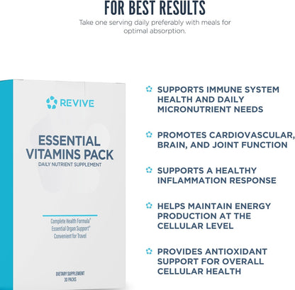 Revive MD Essential Vitamin Sachets for Men & Women – Daily Multivitamin Sachets with Arjuna & Turmeric Extract – Supports Heart, Joint & Organ Health – Travel-Friendly Vitamin Supplement (30 Servings)