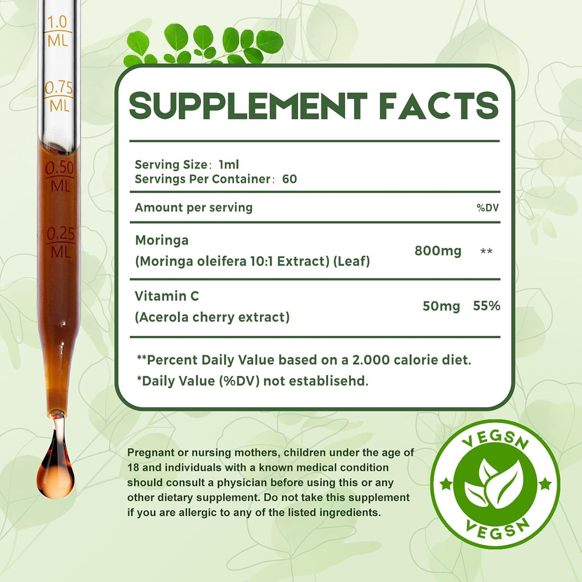 Moringa Leaf Drops with Vitamin C | Immune Support & Energy | Vegan Herbal Supplement (60 ml) - görsel 2