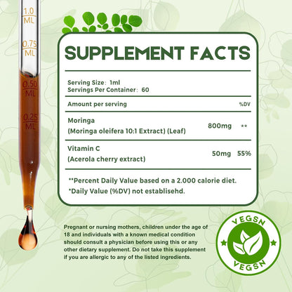 Moringa Leaf Drops with Vitamin C, Moringa Oleifera Extract Liquid Drops for Immune Support, Antioxidant, Overall Health & Energy, Vegan Herbal Supplement, 120ml