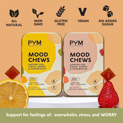 PYM Citrus Mood Chews - Stress Support Supplement with GABA & L-Theanine, 60 Chews