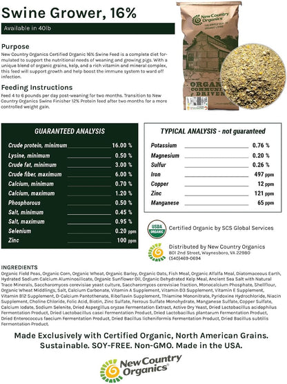 New Country Organics | Pig 16% Protein Feed for Growing Hogs and Pigs | Soya-Free | Certified Organic and Non-GMO | 18 kg