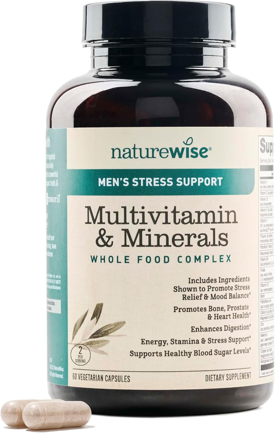 NatureWise Multivitamin for Men + Stress Support + Fulvic Ionic Minerals + Probiotics for Immunity, Male Health, Digestion + Whole Organic Foods - Vegetarian, Non-GMO - 60 Capsules - görsel 1