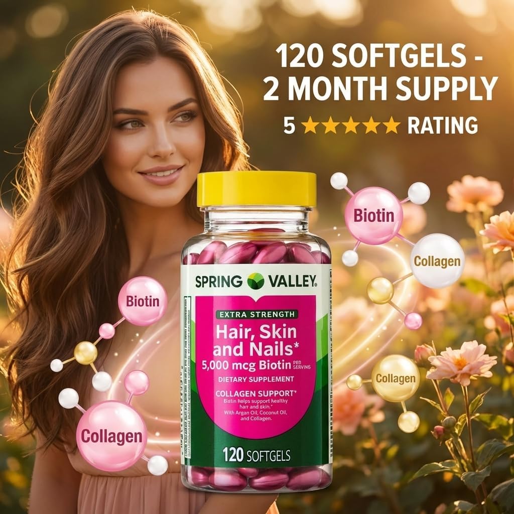 Spring Valley Extra Strength Hair, Skin & Nails Dietary Supplement, 5000 mcg, 120 Softgels - görsel 2