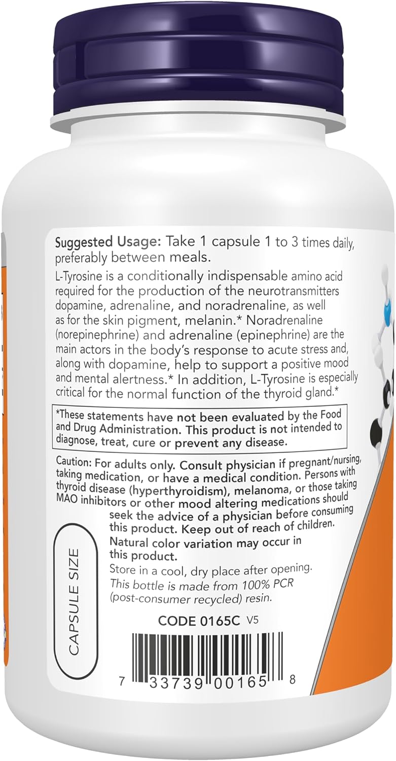 NOW Supplements, L-Tyrosine 750 mg, 90 Vegetable Capsules - görsel 3
