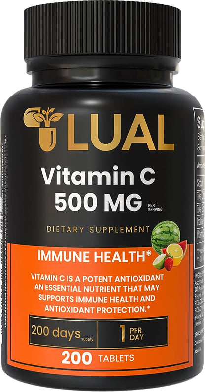 LUAL Vitamin C 500mg Chewable Tablets, Tropical Fruit Flavour, Immune Support & Antioxidant Supplement, Gluten-free, 200 Count