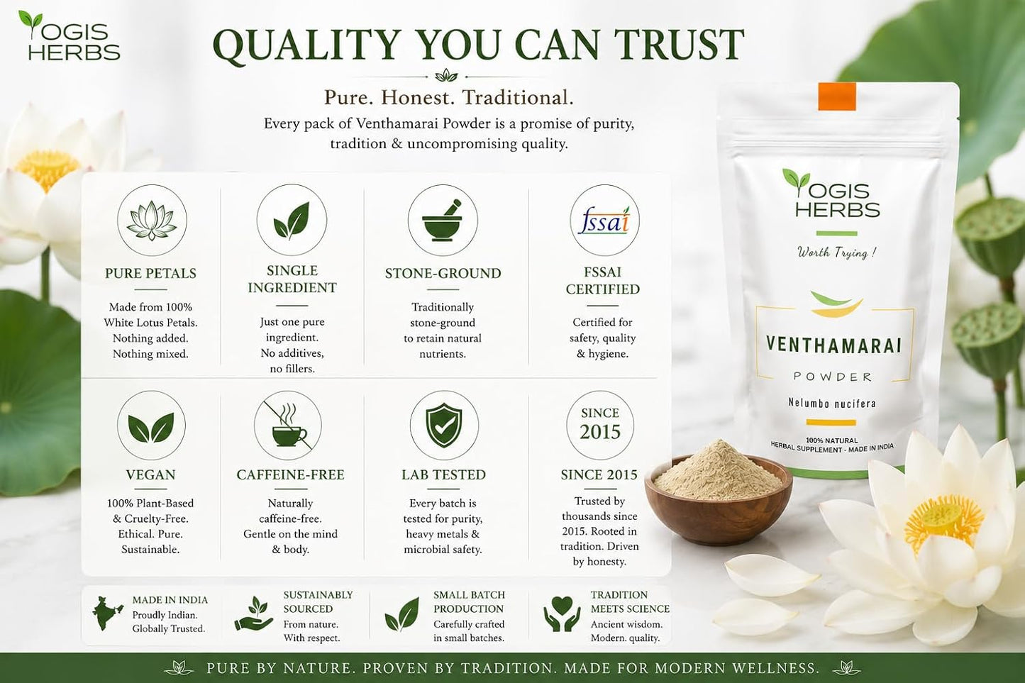 YOGIS HERBS Venthamarai Powder – Pure White Lotus (Nelumbo nucifera) Petal Powder for Heart Wellness & Calm - görsel 7