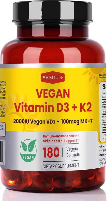 FAMILI+ Vegan Vitamin D3+K2 Soft gel capsule with Coconut MCT Oil – 2000 IU D3 + 100 mcg K2 MK-7, 180 Capsules – Image 1
