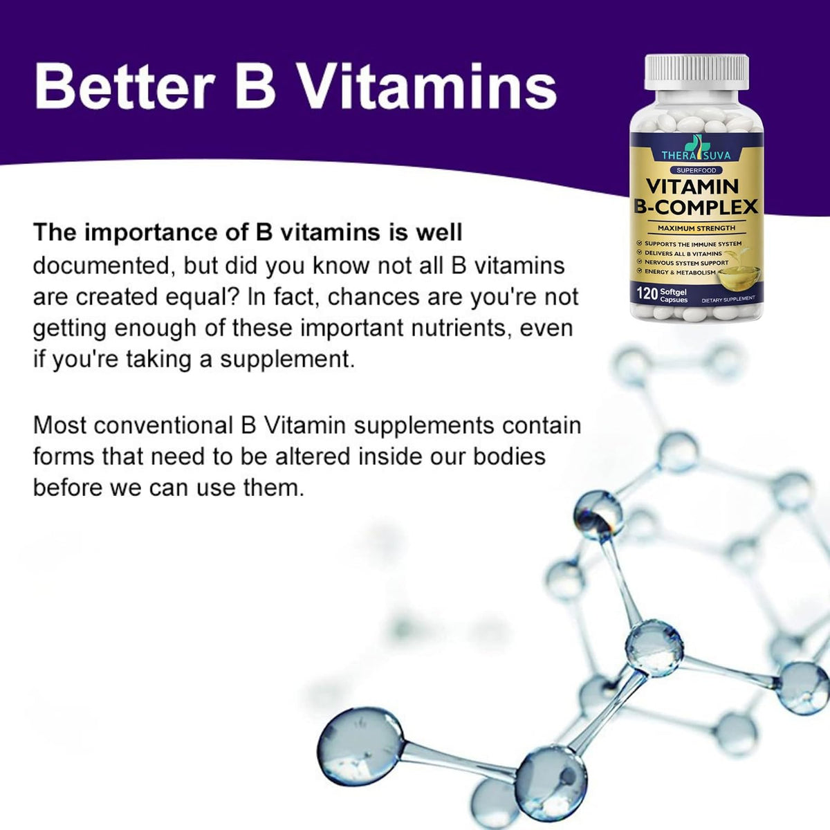 TheraSuva Vitamin B-Complex + CoQ10 + Vitamin C – Max Strength Food Supplement for Energy & Metabolism Support, 2 Month Supply, 120 Softgels - görsel 4