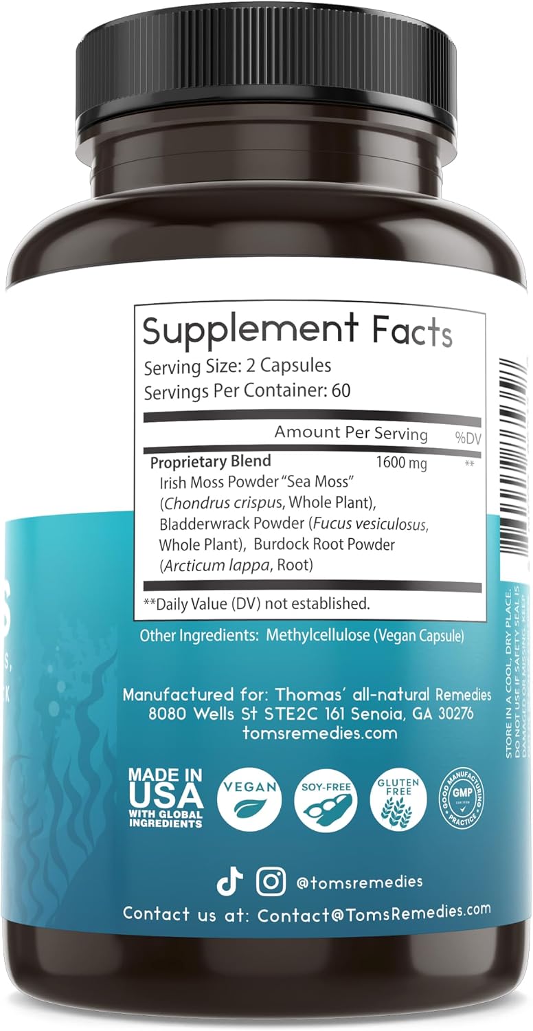 Thomas' all-natural Remedies Irish Sea Moss Capsules with Bladderwrack and Burdock Root - Organic Seamoss Capsules for Gut Health, Digestion, Energy and Immune Support (120 Capsules) - görsel 8