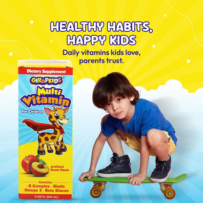GirafKids Liquid Multivitamin for Children Aged 4+ - Daily Supplement with Omega-3, Beta Glucan & B Complex - 237 ml