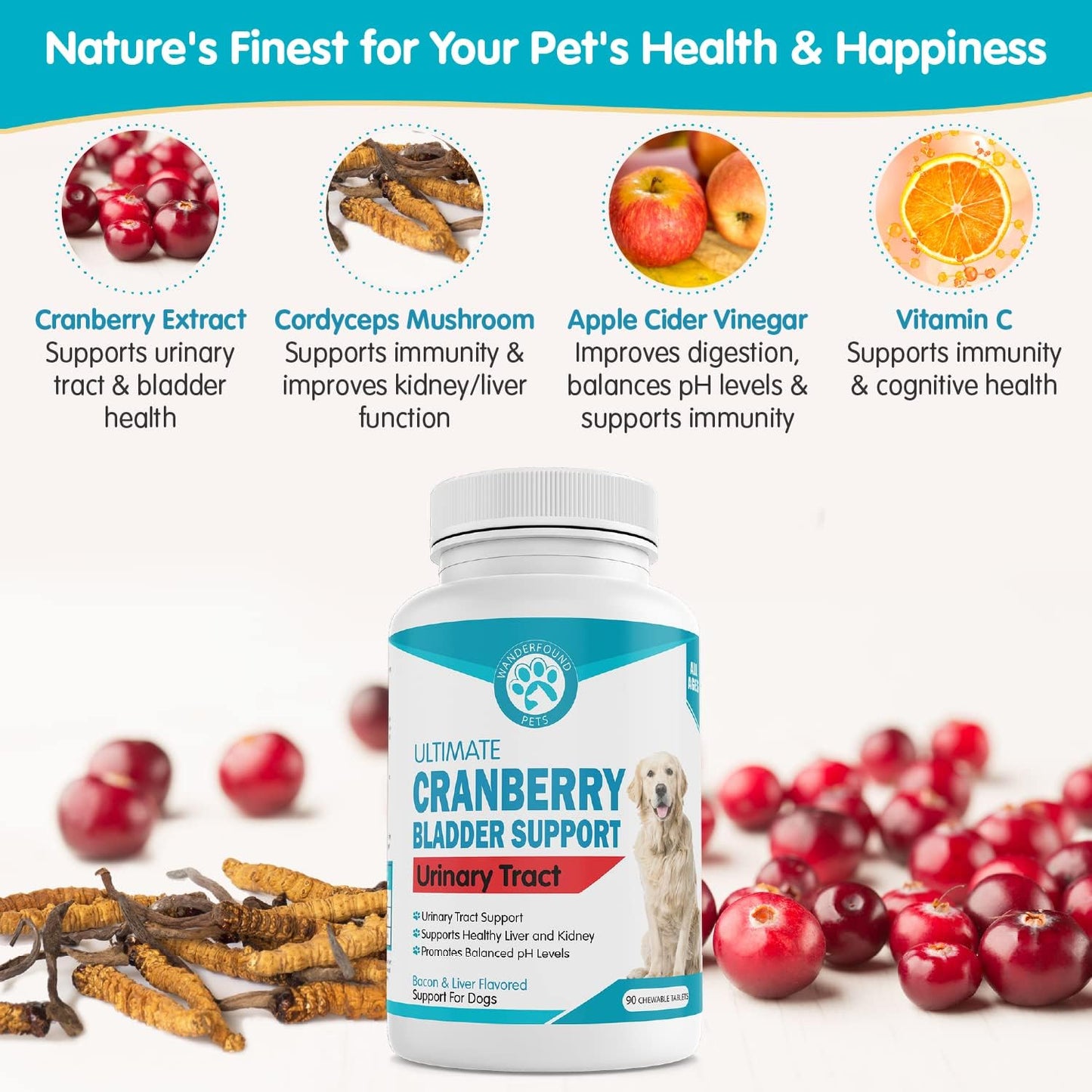 Wanderfound Pets Ultimate Cranberry Bladder UTI Support Supplement for Dogs - Bacon & Liver Flavour - 90 Chewable Tablets - görsel 7