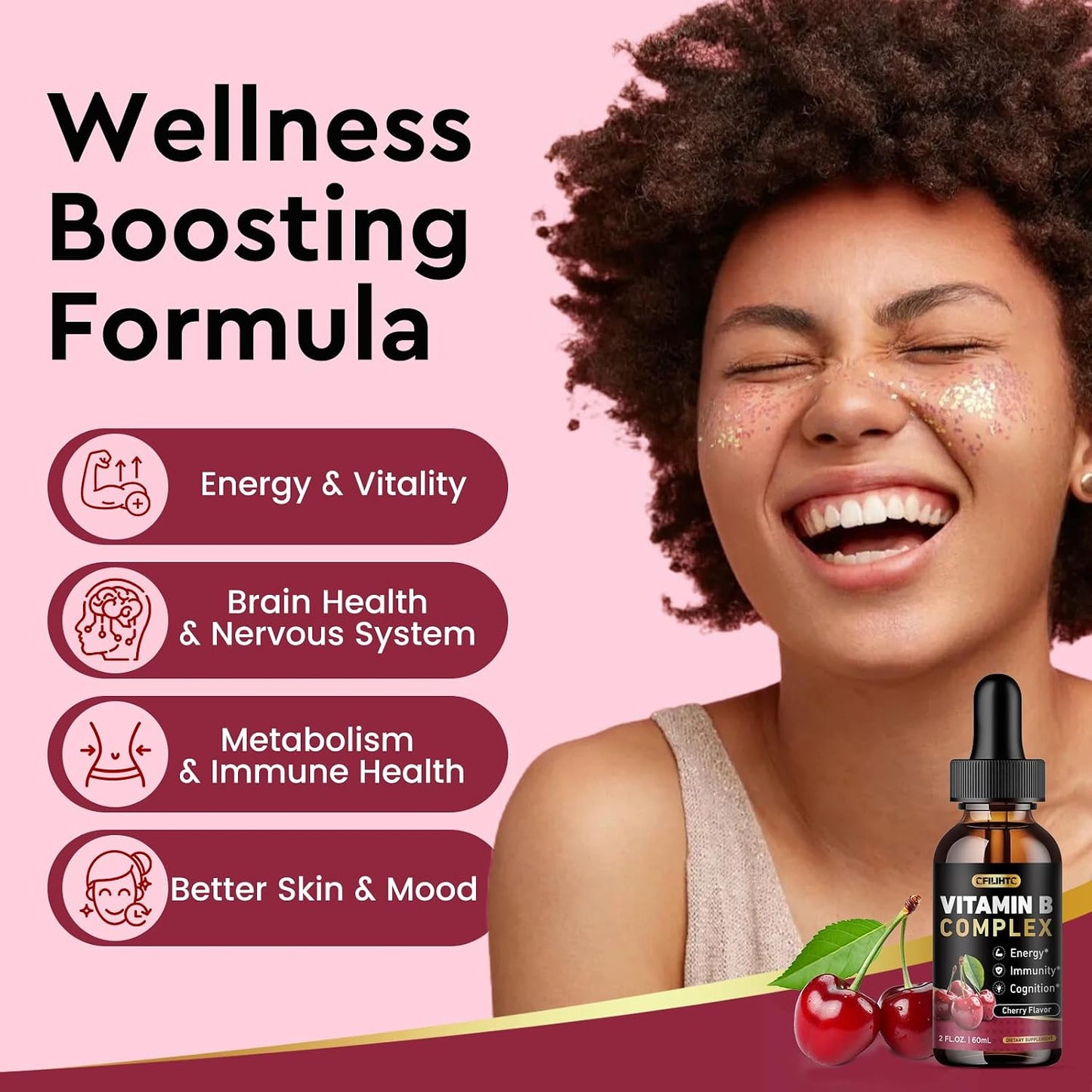 Vitamin B Complex Liquid Drops (2 Pack) - B1, B2, B3, B5, B6, B7, B9 and Methyl B12 - Cherry Flavour - görsel 3