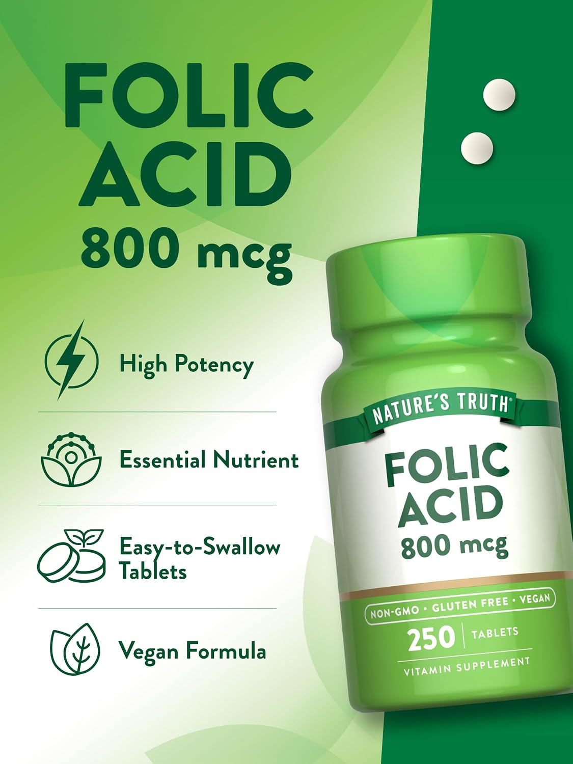 Nature's Truth Folic Acid 800 mcg, 250 Tablets - Vegan, Non-GMO & Gluten-Free Food Supplement - görsel 5