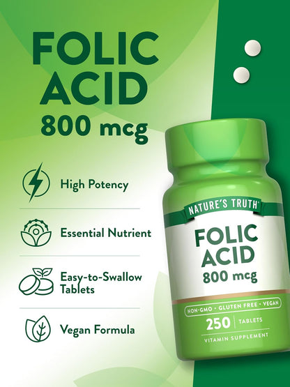 Nature's Truth Folic Acid 800 mcg, 250 Tablets - Vegan, Non-GMO & Gluten-Free Food Supplement