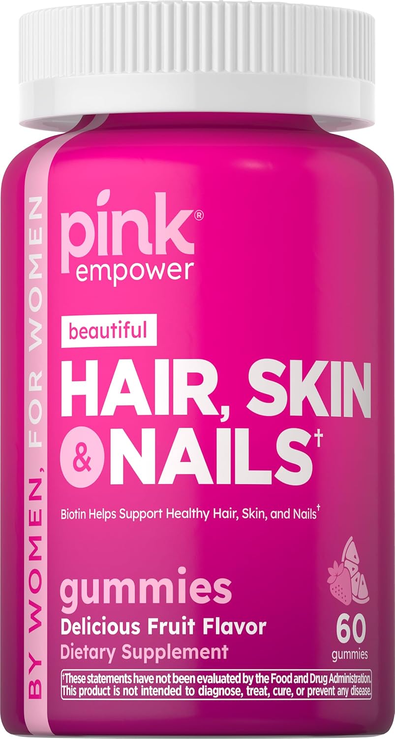 PINK Hair Skin Nails Gummies | 2,500 mcg Biotin | 60 Count | Non-GMO & Gluten-free Vitamins for Women | Strawberry Flavour - görsel 1